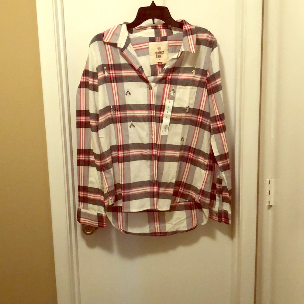 Button down plaid shirt with rhinestone details